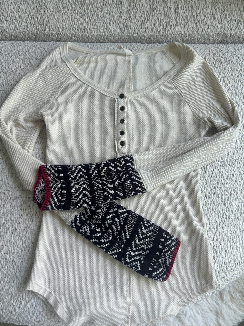 Free People Cream Waffle Knit Henley Long Sleeve with Black Fair Isle Cuffs